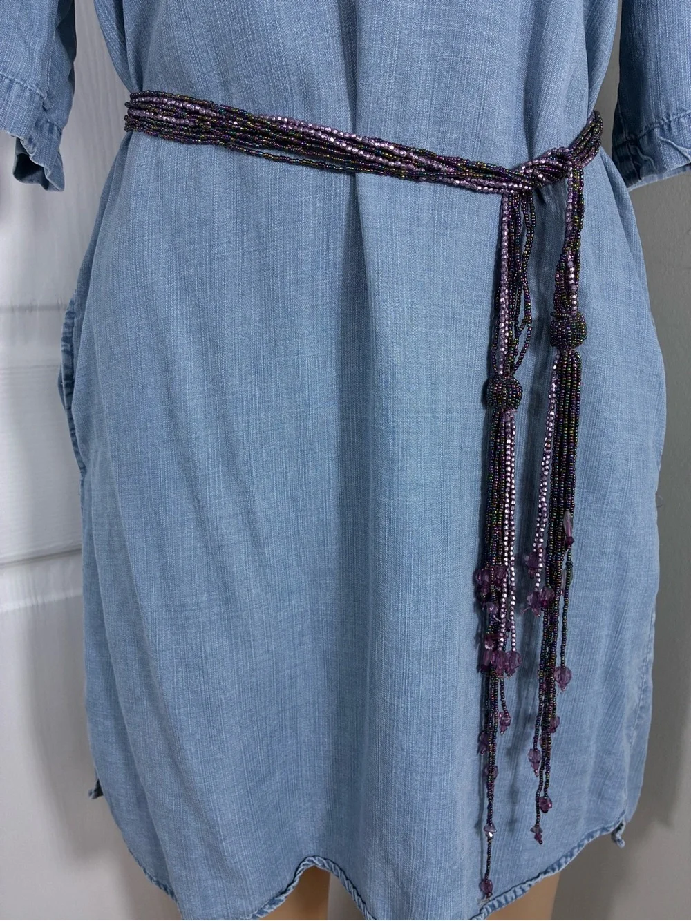 Womens belt beaded 35” plus tassels Purple/black Multi-Strand Waist Belt